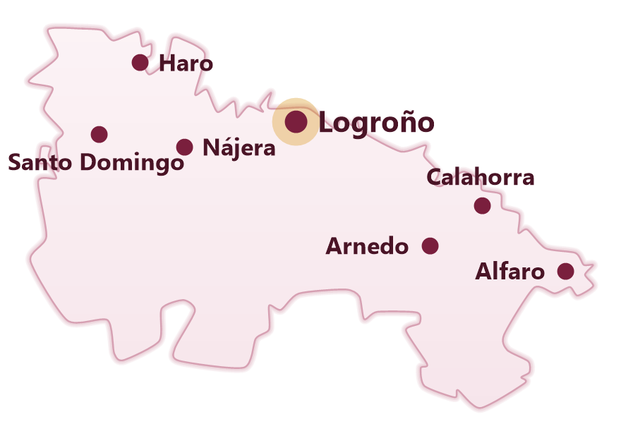 Mapa de La Rioja con las localidades donde damos servicio: Logroño, Calahorra, Arnedo, Haro, Nájera, Alfaro y Santo Domingo de la Calzada